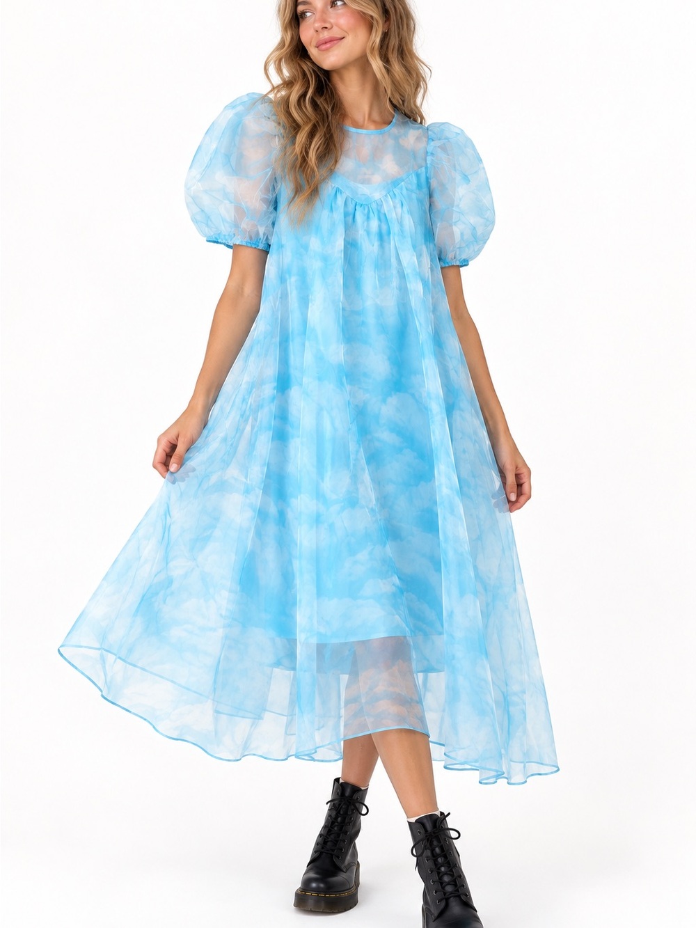 Dressed in Lala NWT Cloud Midi Dress Puff Sleeves Whimsical Dopamine Sz Large